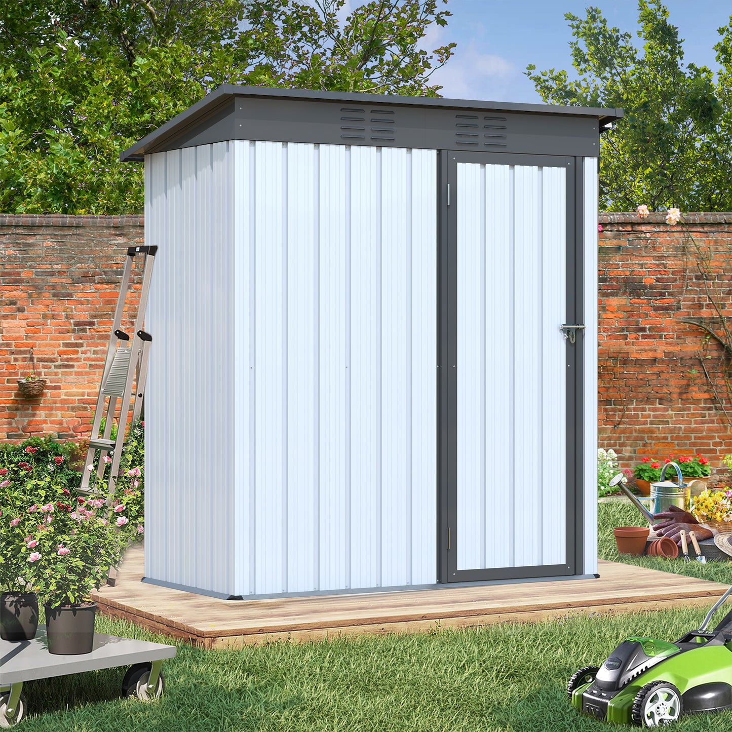 5 X 3 Ft Outdoor Storage Shed, Galvanized Metal Garden Shed With Lockable Doors, Tool Storage Shed For Patio Lawn Backyard Trash Cans