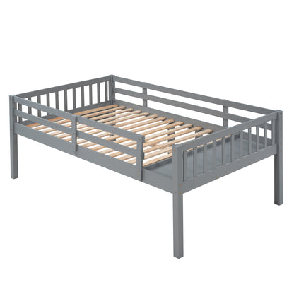 Full Over Twin & Twin Bunk Bed, Wood Triple Bunk Bed with Drawers and Guardrails  (Gray) （OLD SKU:LP000143AAE）