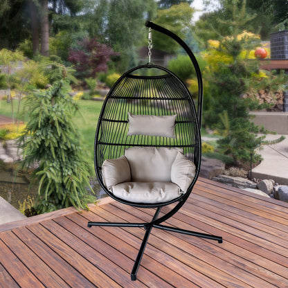 Hanging Egg Chair with Stand Outdoor Patio Swing Egg Chair Indoor Folding Egg Chair, Waterproof Cushion, Folding Rope Back, Heavy Duty C-Stand, 330LBS Capacity