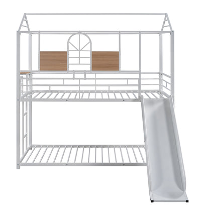 Twin Over Twin Metal Bunk Bed ,Metal Housebed With Slide,Three Colors Available.(White with White  Slide)(OLD SKU :LP000095AAK)