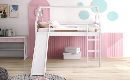 Full Size Loft Bed with Slide, House Bed with Slide,White(OLD SKU :WF281159AAK)