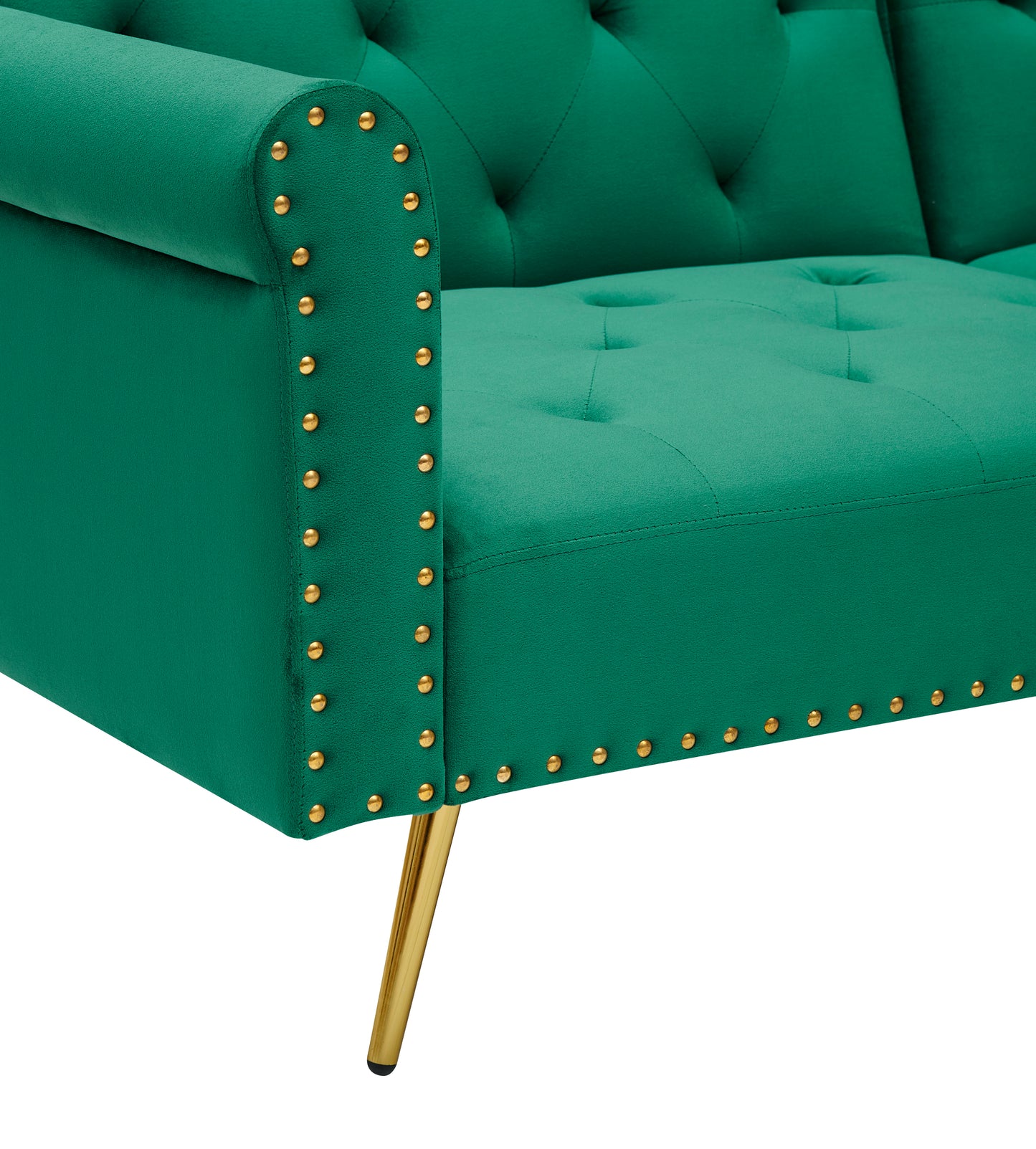 Green velvet nail head sofa bed with throw pillow and midfoot