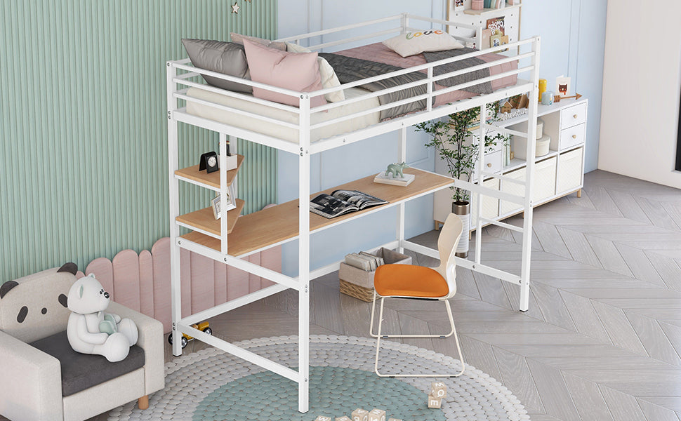 Twin Metal Loft Bed with Desk and Shelve,White