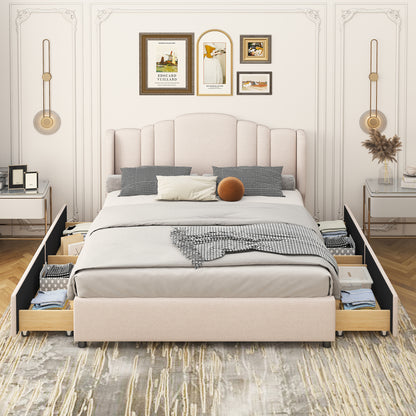 Upholstered Platform Bed with Wingback Headboard and 4 Drawers, No Box Spring Needed, Linen Fabric, Queen Size Beige