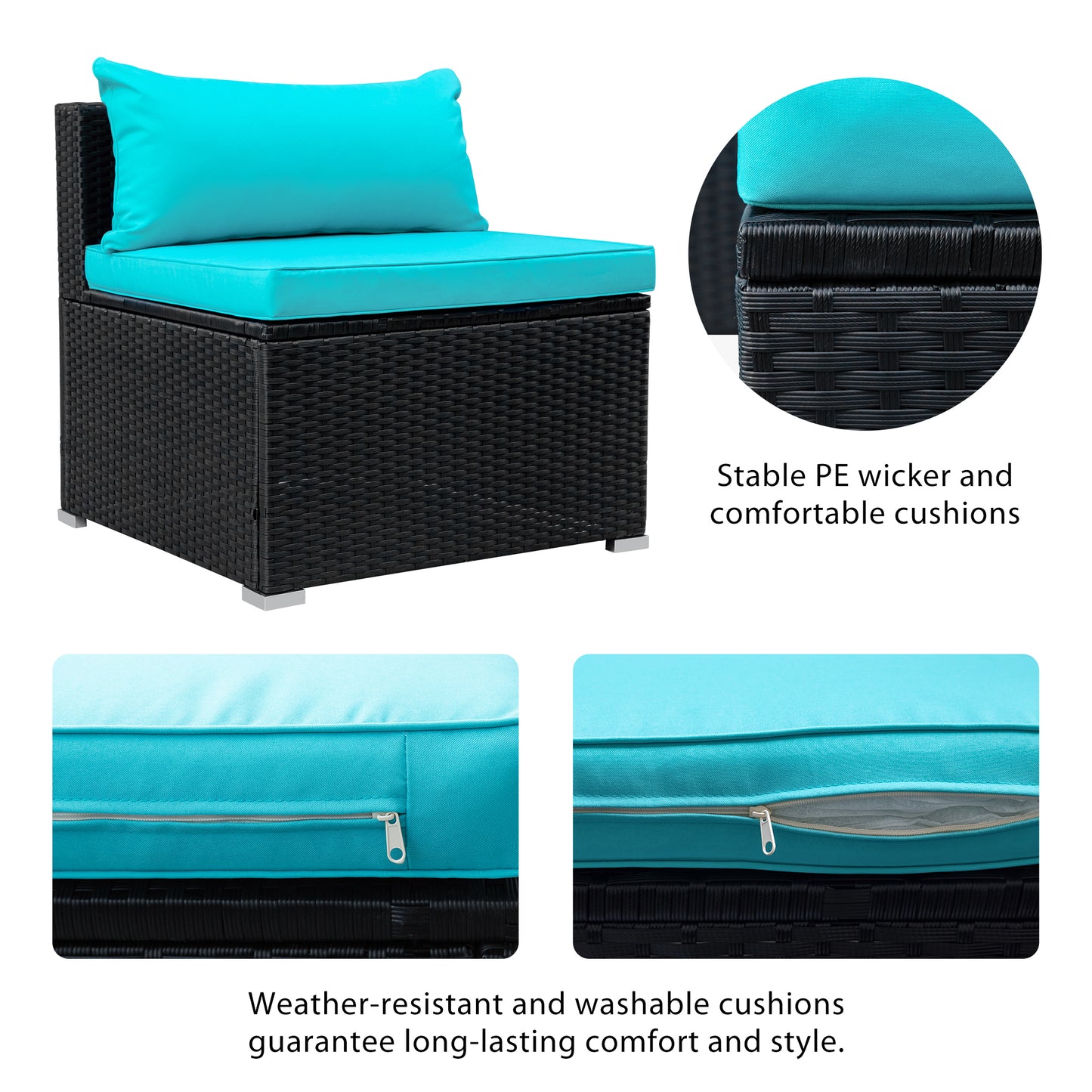 GO 9-piece Outdoor Patio PE Wicker Rattan conversation Sectional Sofa sets with 3 sofa, 3 corner sofa, 2 ottomans, and 1 glass coffee table, removable soft cushions (Black wicker, Blue cushion)