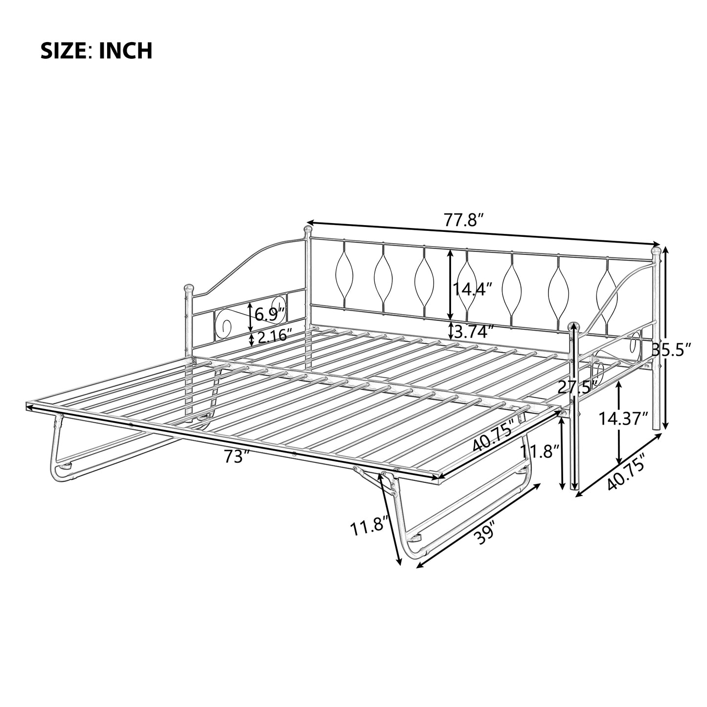 Twin Size Metal Daybed with Twin Size Adjustable Trundle, Portable Folding Trundle, Black