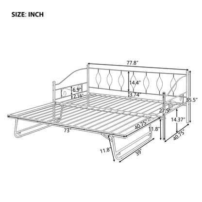 Twin Size Metal Daybed with Twin Size Adjustable Trundle, Portable Folding Trundle, Black