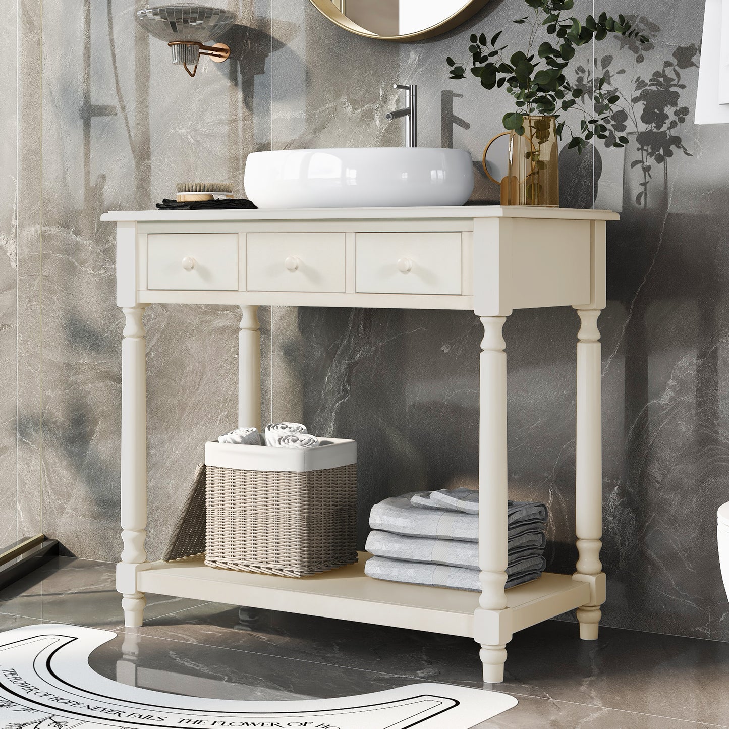 36" Bathroom Vanity Base without Sink, Open Storage Shelf, Two Drawers, Pre-Drilled Holes, Roman Style, Antique White