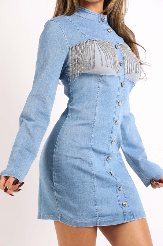 Denim dress with rhinestone fringe