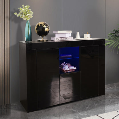 Kitchen Sideboard Cupboard with LED Light, Black High Gloss Dining Room Buffet Storage Cabinet Hallway Living Room TV Stand Unit Display Cabinet with Drawer and 2 Doors