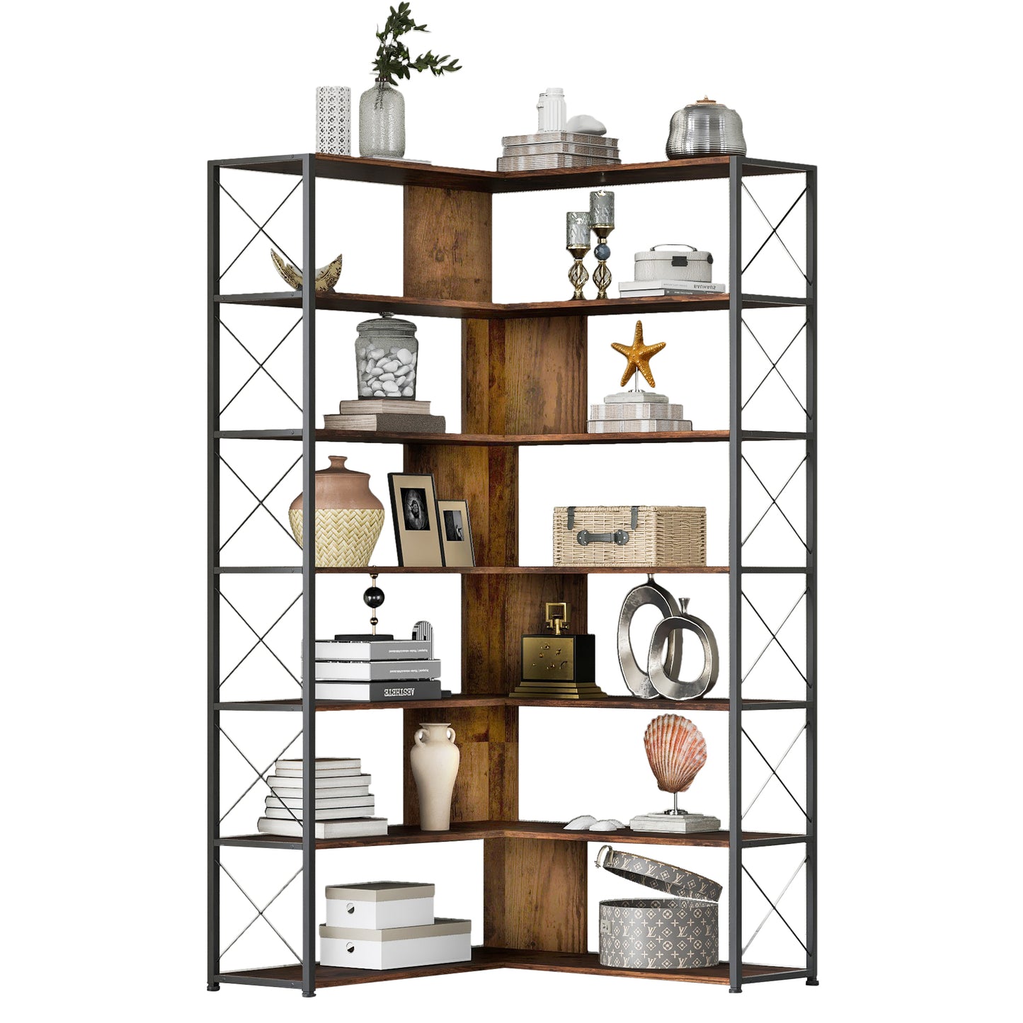 7-Tier Bookcase Home Office Bookshelf,  L-Shaped Corner Bookcase with Metal Frame, Industrial Style Shelf with Open Storage, MDF Board