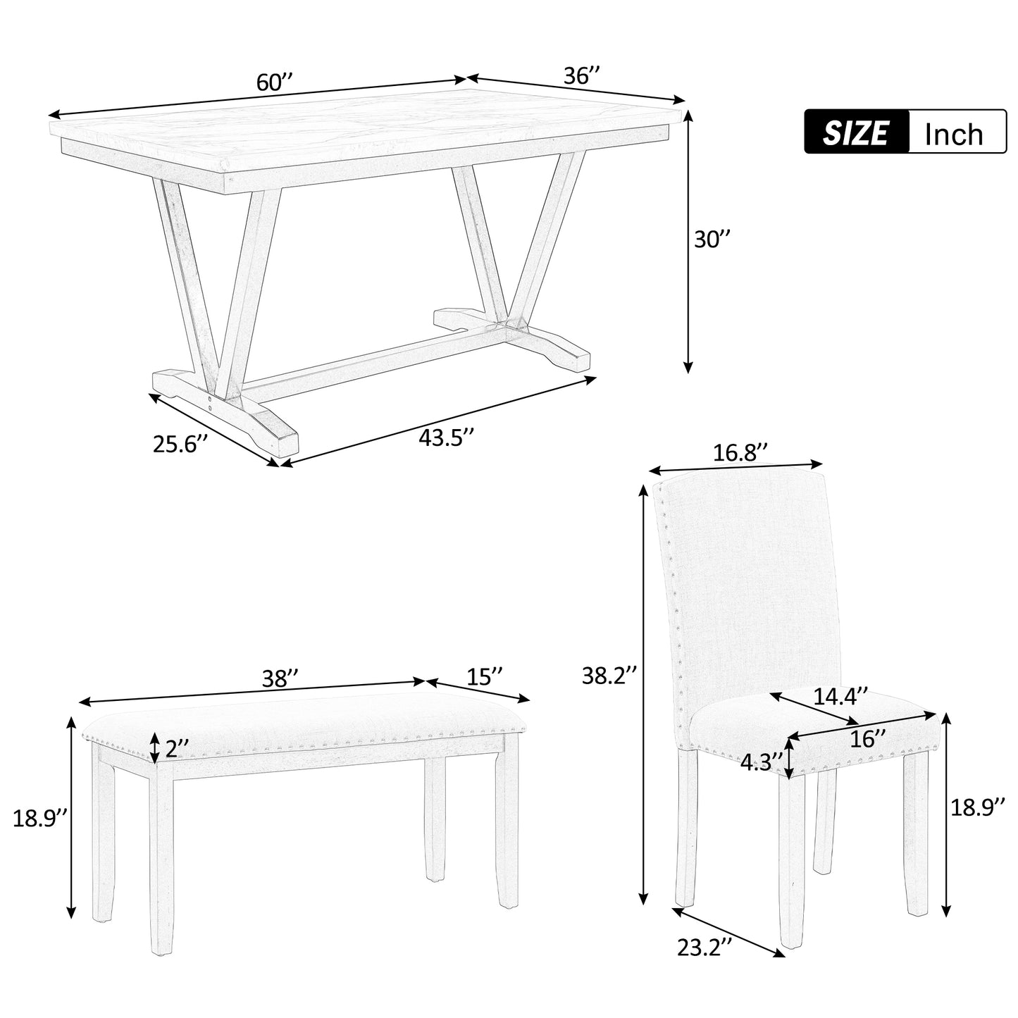 TREXM Modern Style 6-piece Dining Table with 4 Chairs & 1 Bench, Table with Marbled Veneers Tabletop and V-shaped Table Legs (White)