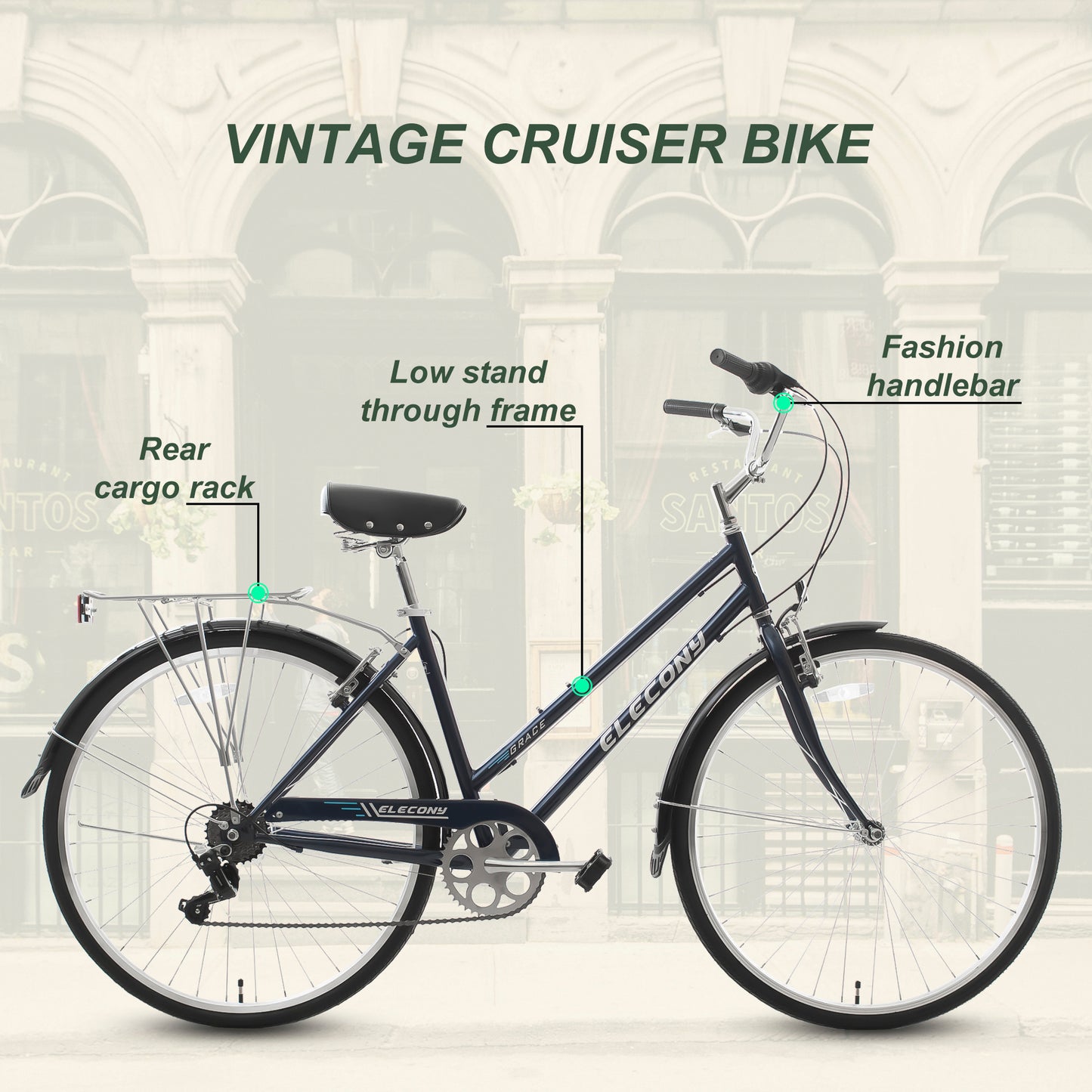 S27152 Elecony Freeland 27.5 Inch Unisex Cruiser Bike, Retro Step-Through High-Carbon Steel Frame, V-Brake/Coaster Brake, Beach Casual Commuter Hybrid Cruiser Bike for Men and Women