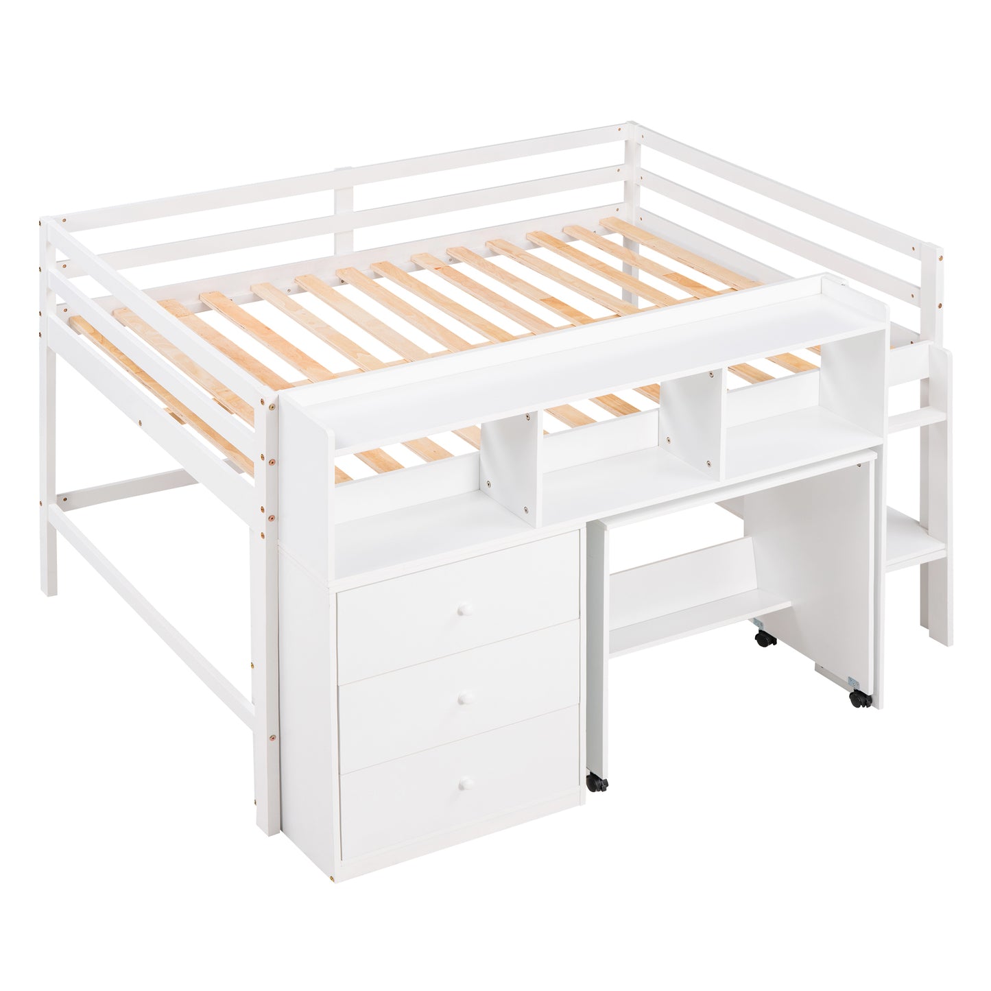 Full Size Low Loft Bed with Rolling Portable Desk, Drawers and Shelves,  White