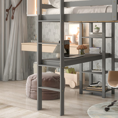 Full Loft Bed with Desk and Shelves,Gray