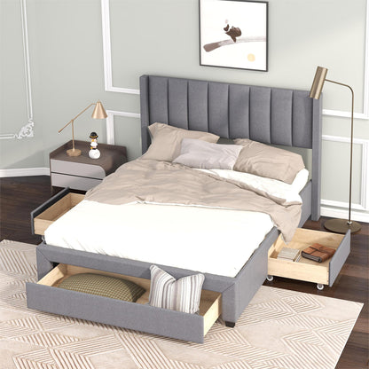 Full Size Upholstered Platform Bed with One Large Drawer in the Footboard and Drawer on Each Side,Gray