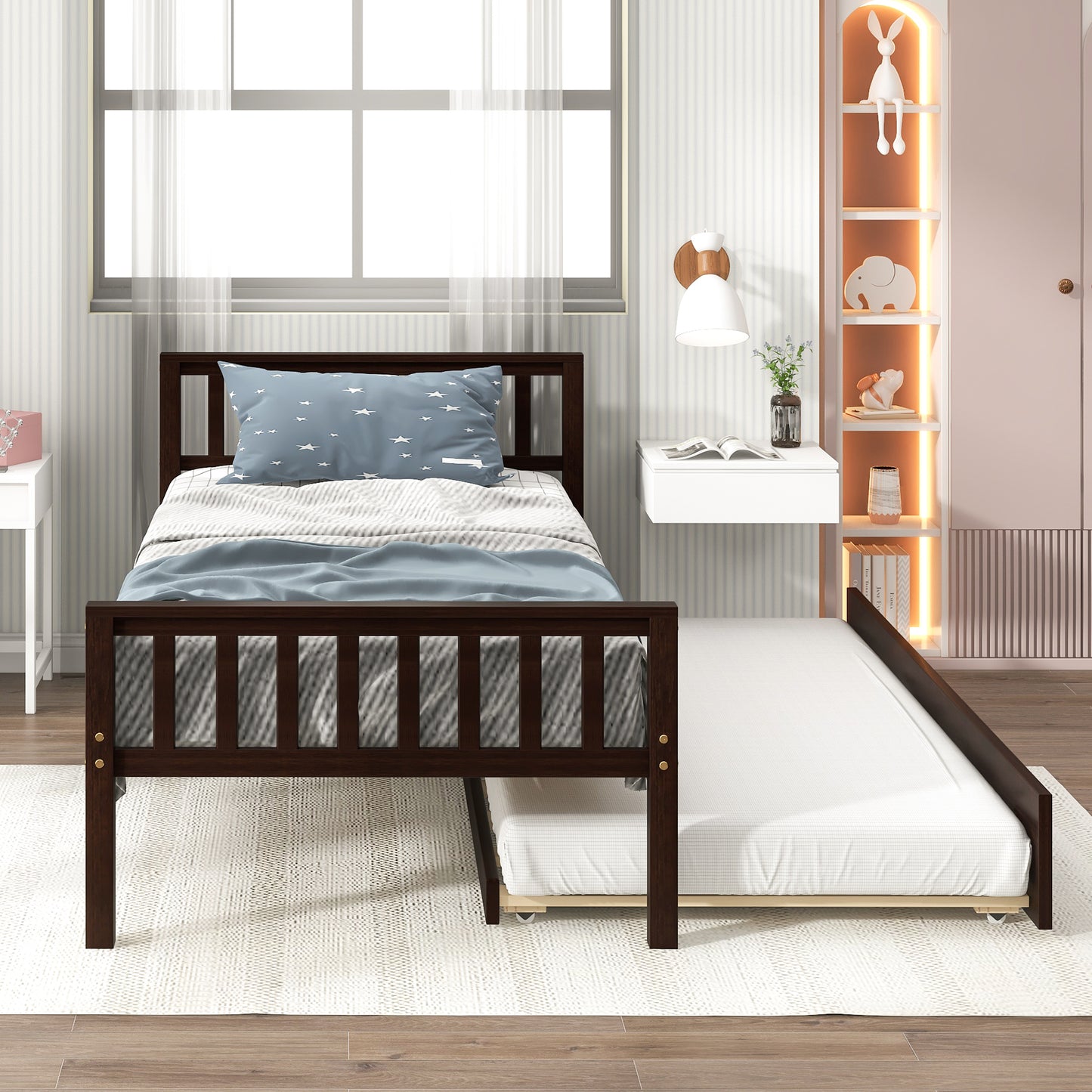 Twin Bed with Trundle, Platform Bed Frame with Headboard and Footboard, for Bedroom Small Living Space,No Box Spring Needed,Espresso