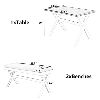 TOPMAX 3 Pieces Farmhouse Rustic Wood Kitchen Dining Table Set with 2 Upholstered Benches, Brown+Beige