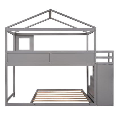 Twin over Full House Bunk Bed with Storage Staircase and Blackboard,Grey