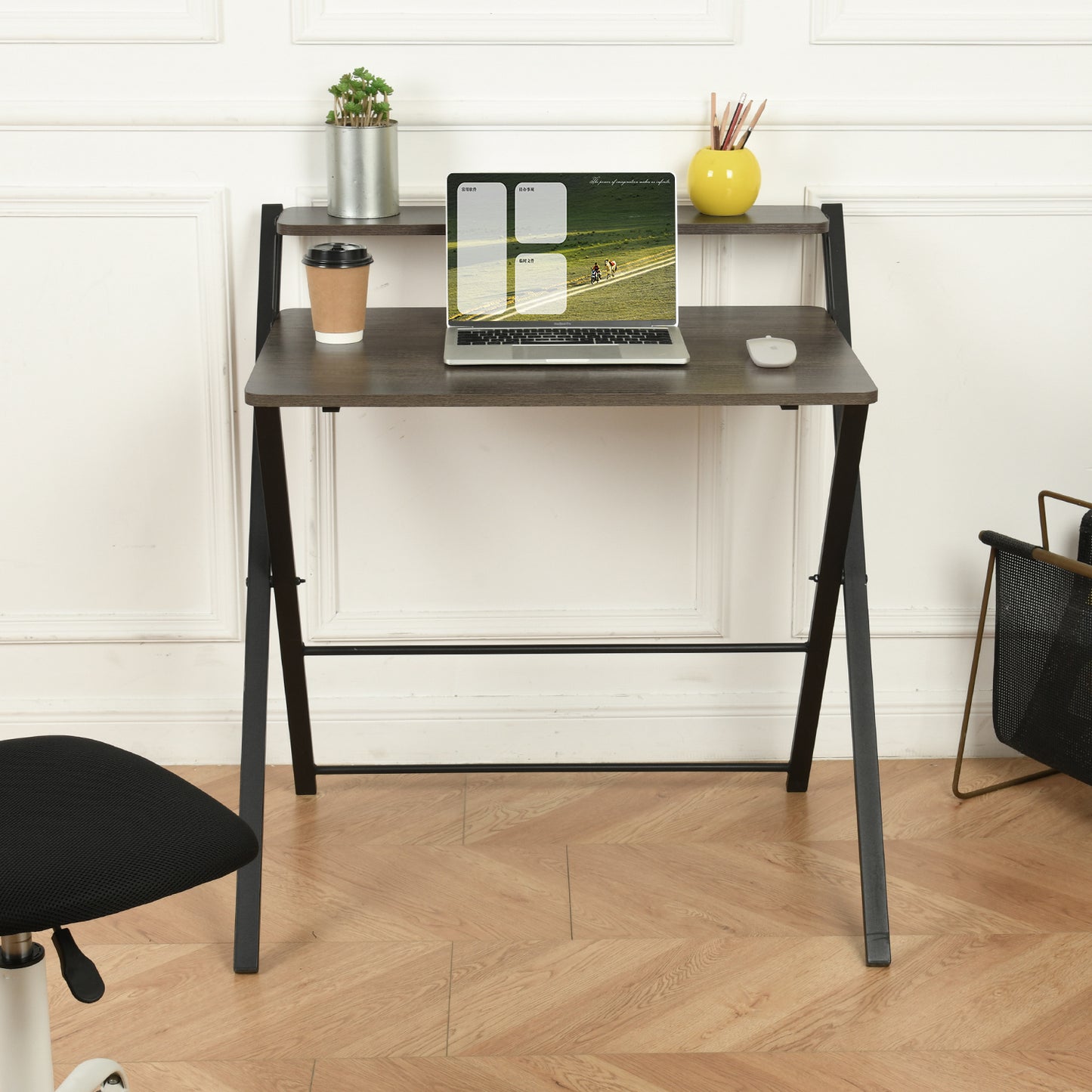 29.6" foldable desk with tier - WALNUT & BLACK