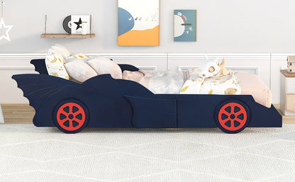 Twin Size Race Car-Shaped Platform Bed with Wheels,Blue+Red