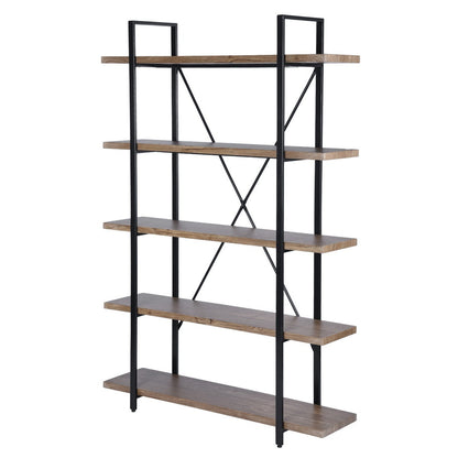 5-Tier Industrial Bookcase With Rustic Wood And Metal Frame, Large Open Bookshelf For Living Room