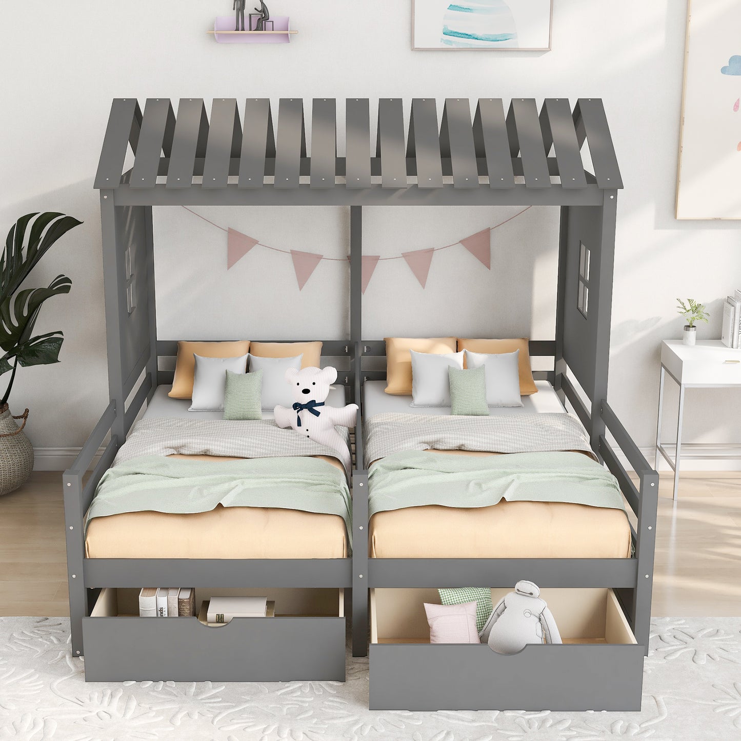 Twin Size House Platform Beds with Two Drawers for Boy and Girl Shared Beds, Combination of 2 Side by Side Twin Size Beds,Grey