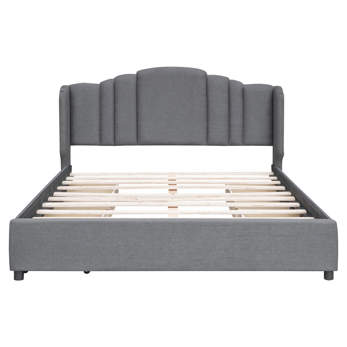 Upholstered Platform Bed with Wingback Headboard and 4 Drawers, No Box Spring Needed, Linen Fabric, Queen Size Gray