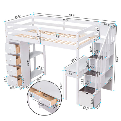 Twin size Loft Bed with Storage Drawers ,Desk and Stairs, Wooden Loft Bed with Shelves - White