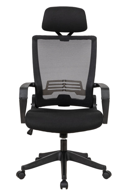 High Back Office Chair with fixed arms and headrest, Black, easy assemble chair