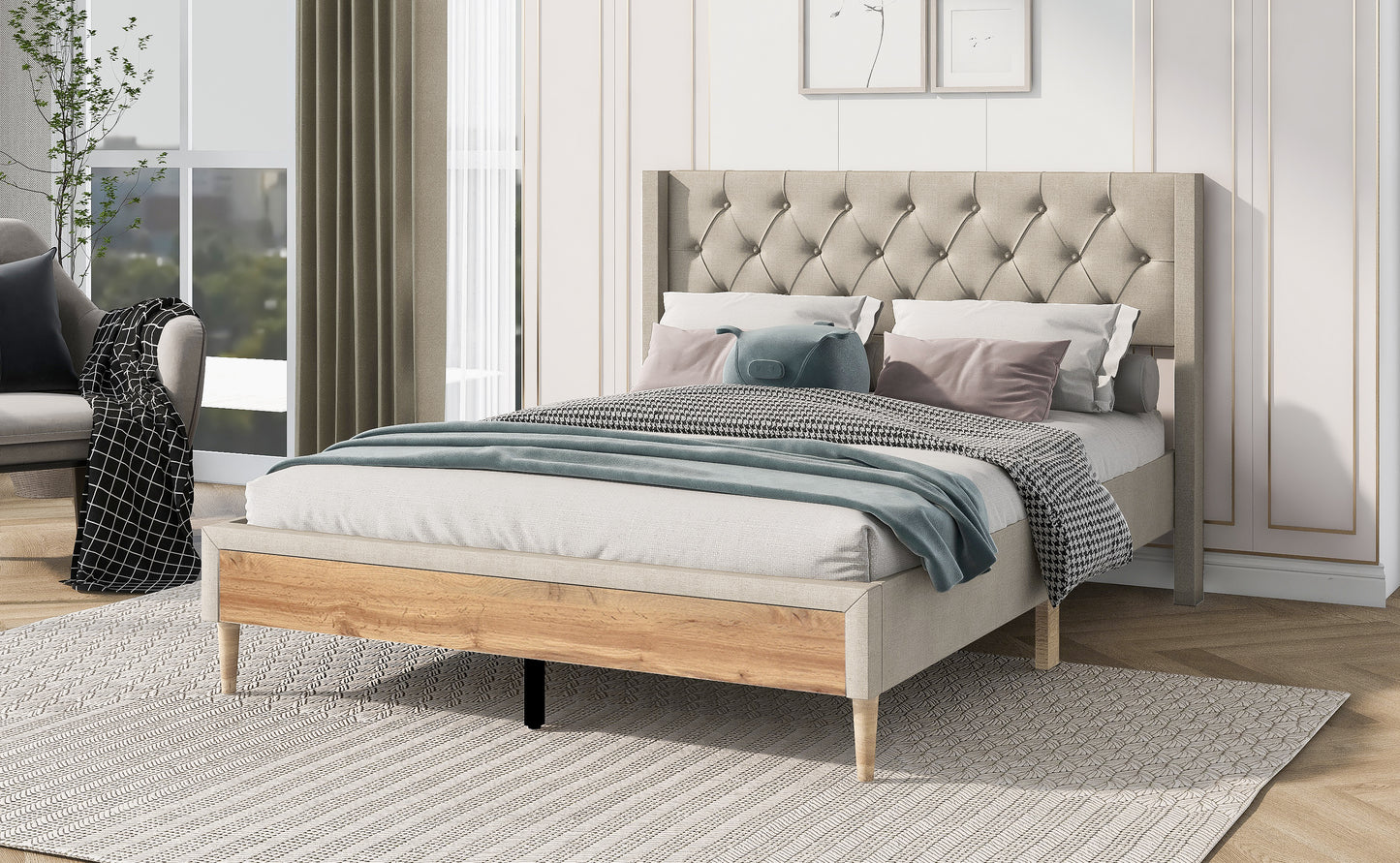 Upholstered Platform Bed with Rubber Wood Legs,No Box Spring Needed, Linen Fabric,Full Size-Beige