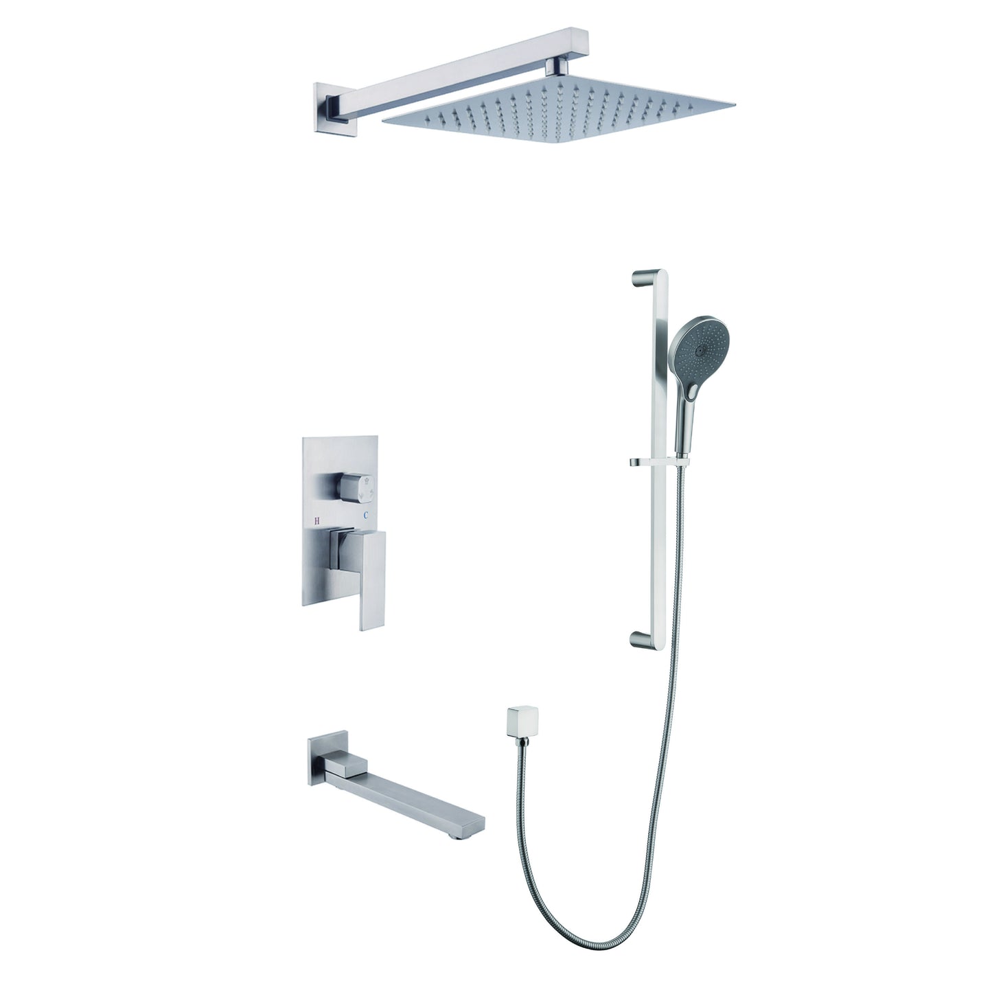 Shower System 10 Inch Square Bathroom Luxury Rain Mixer Shower Combo Set Pressure Balanced Shower System with Shower Head, Hand Shower, Slide Bar, Shower Arm, Hose, and Valve Trim