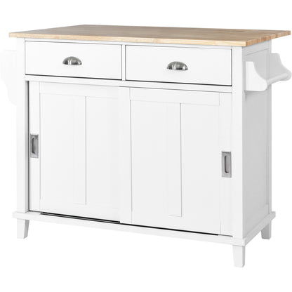 K&K Kitchen Cart with Rubber wood Drop-Leaf Countertop, Concealed sliding barn door adjustable height,Kitchen Island on 4 Wheels with Storage Cabinet and 2 Drawers,L52.2xW30.5xH36.6 inch, White