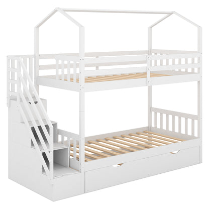 Multifunctional Twin over Twin House Bunk Bed with Staircase and Storage Space,White