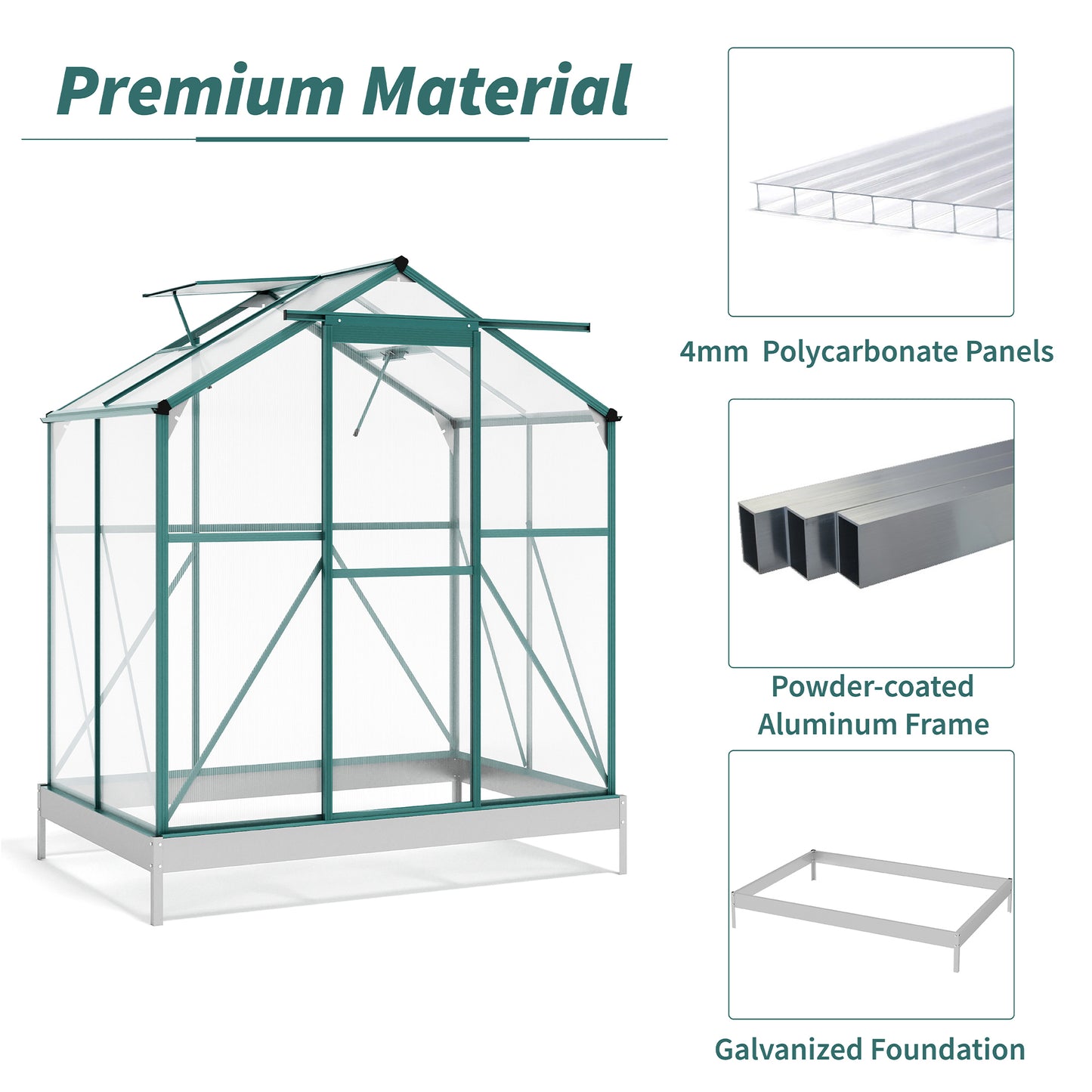 TOPMAX Upgraded Outdoor Patio 6.2ft Wx4.3ft D Greenhouse, Walk-in Polycarbonate Greenhouse with 2 Windows and Base,Aluminum Hobby Greenhouse with Sliding Door for Garden, Backyard, Green