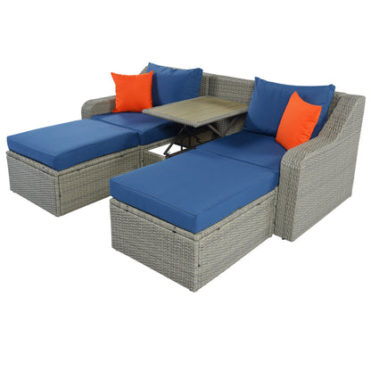 U_STYLE Patio Furniture Sets, 3-Piece Patio Wicker Sofa with  Cushions, Pillows, Ottomans and Lift Top Coffee Table