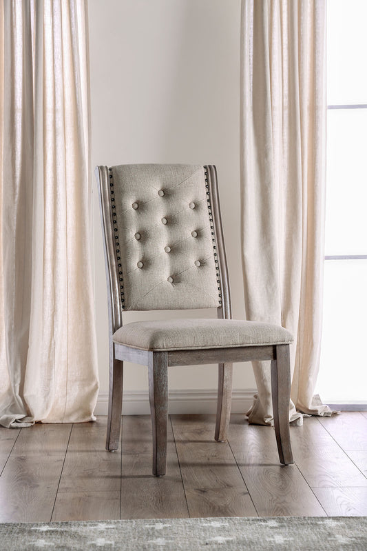 Natural Rustic Tone Set of 2 Dining Chairs Beige Fabric Tufted back Chairs Nailhead trim Upholstered Seat Glam Transitional