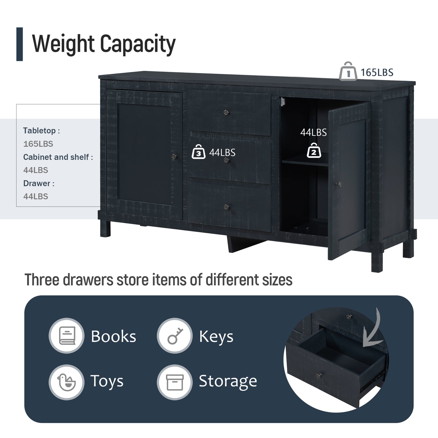 TREXM Retro Solid Wood Buffet Cabinet with 2 Storage Cabinets, Adjustable Shelves and 3 Drawers for Living Room (Antique Black)