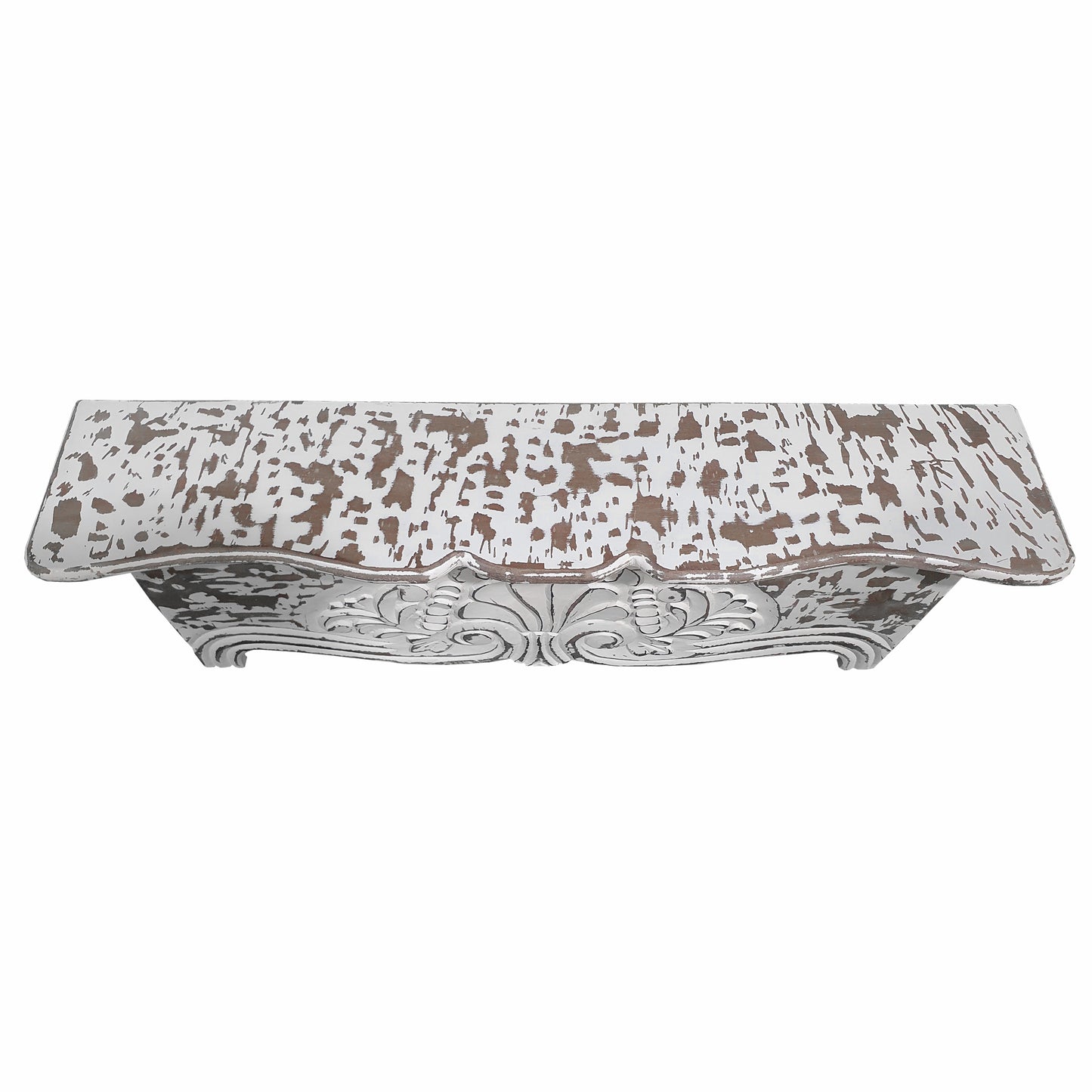 28 Inch Handcrafted Floating Wall Shelf, Ornate Carved Wood With Engraved Floral Details, Distressed White