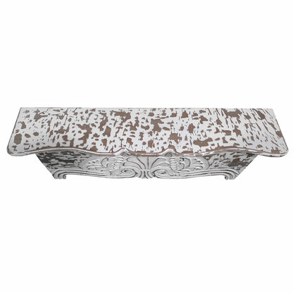 28 Inch Handcrafted Floating Wall Shelf, Ornate Carved Wood With Engraved Floral Details, Distressed White