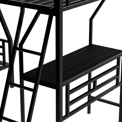 Twin over Full Bunk Bed with a Twin Size Loft Bed attached, with a Desk, Metal, Black