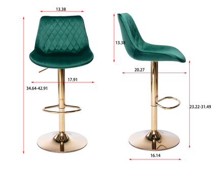 Set of 2  Bar Stools,with Chrome Footrest and Base Swivel Height Adjustable Mechanical Lifting Velvet + Golden Leg Simple Bar Stool-green