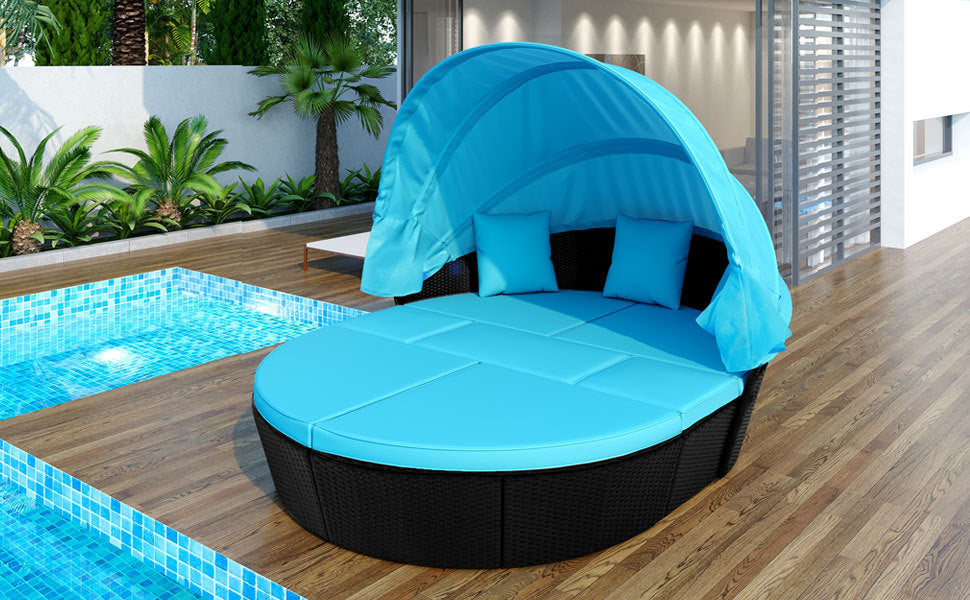 Outdoor rattan daybed sunbed with Retractable Canopy Wicker Furniture, Round Outdoor Sectional Sofa Set, black Wicker Furniture Clamshell  Seating with Washable Cushions, Backyard, Porch, Blue.