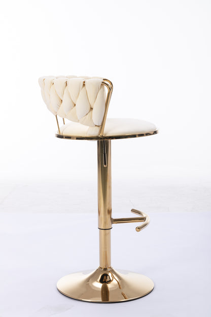 Set of 2  Bar Stools,with Chrome Footrest and Base Swivel Height Adjustable Mechanical Lifting Velvet + Golden Leg Simple Bar Stool-Cream