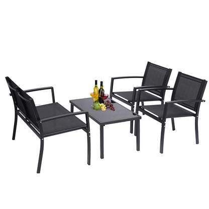 4 Pieces Patio Furniture Set Outdoor Garden Patio Conversation Sets Poolside Lawn Chairs with Glass Coffee Table Porch Furniture (Black)