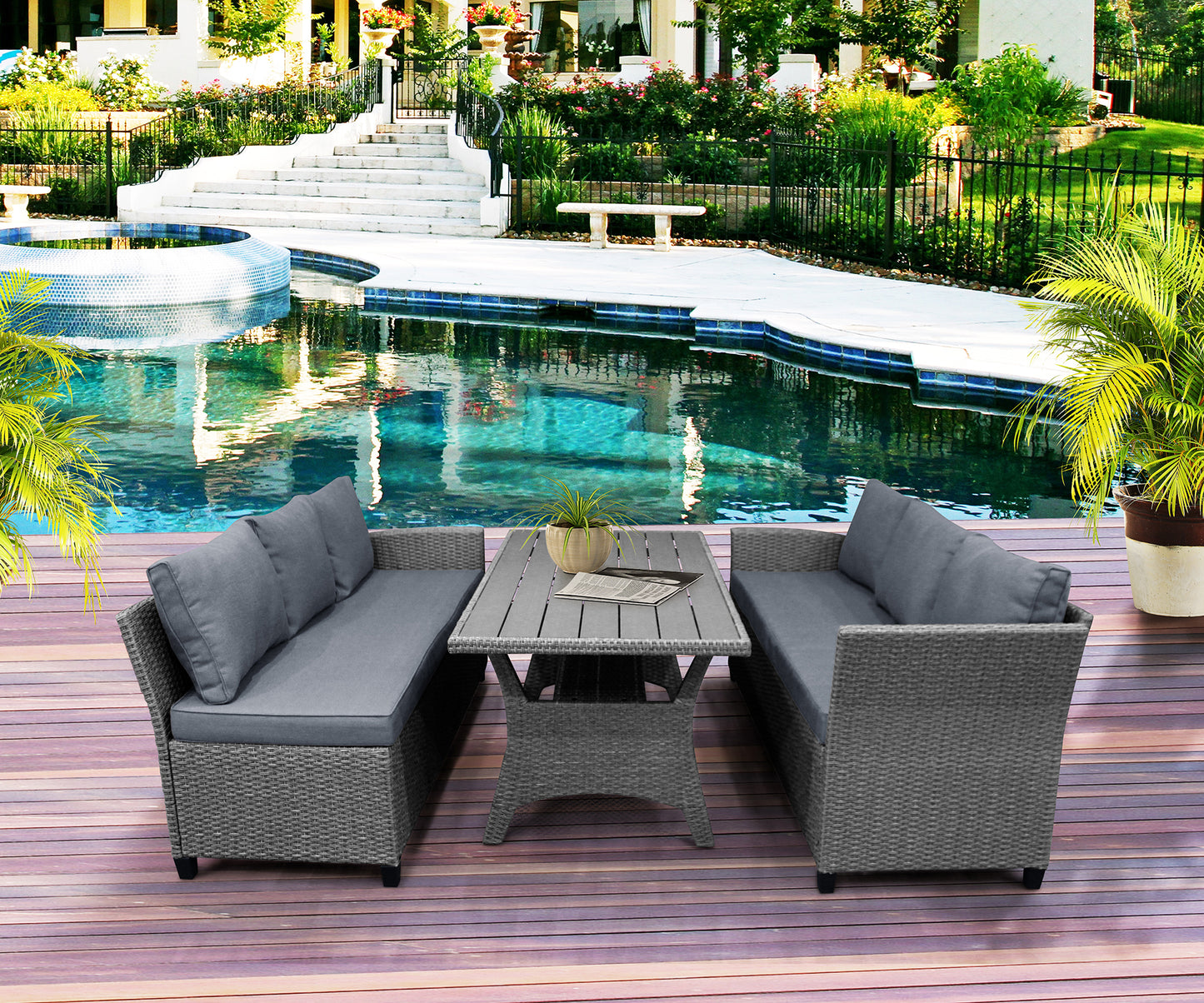 TOPMAX Patio Outdoor Furniture PE Rattan Wicker Conversation Set All-Weather Sectional Sofa Set with Table & Soft Cushions (Grey)