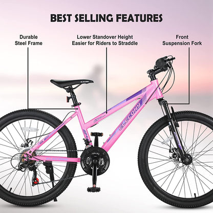 S24103 Elecony 24 inch Mountain Bike for Teenagers Girls Women, Shimano 21 Speeds Gear MTB with Dual Disc Brakes and 100mm Front Suspension, White/Pink