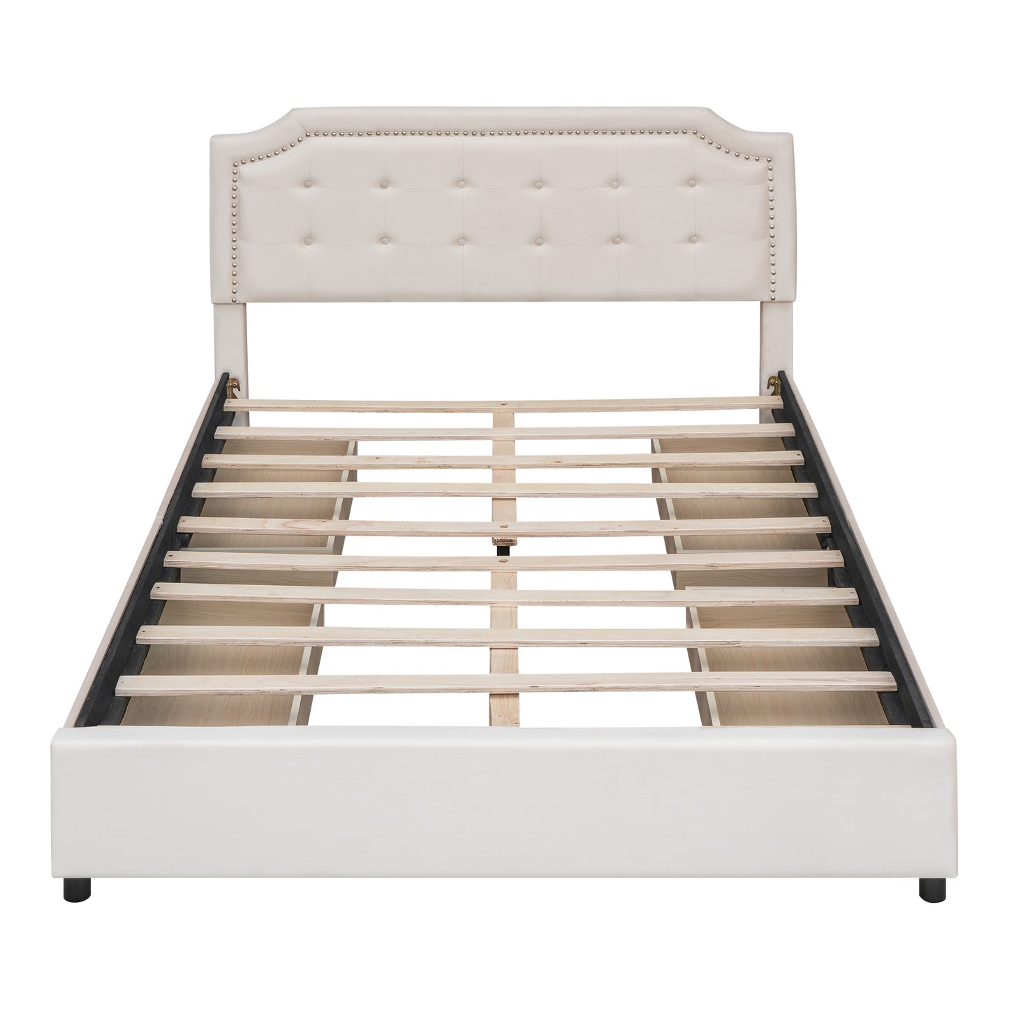 Upholstered Platform Bed with Classic Headboard and 4 Drawers, No Box Spring Needed, Velvet Fabric, Queen Size Beige