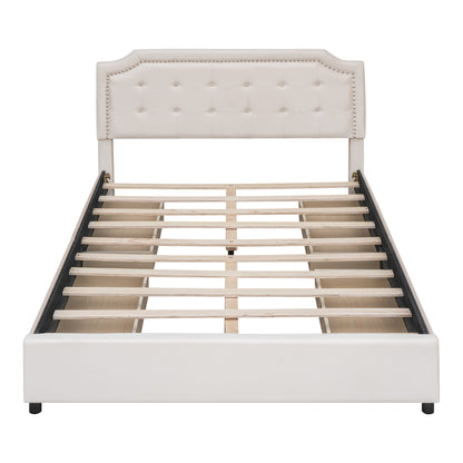 Upholstered Platform Bed with Classic Headboard and 4 Drawers, No Box Spring Needed, Velvet Fabric, Queen Size Beige