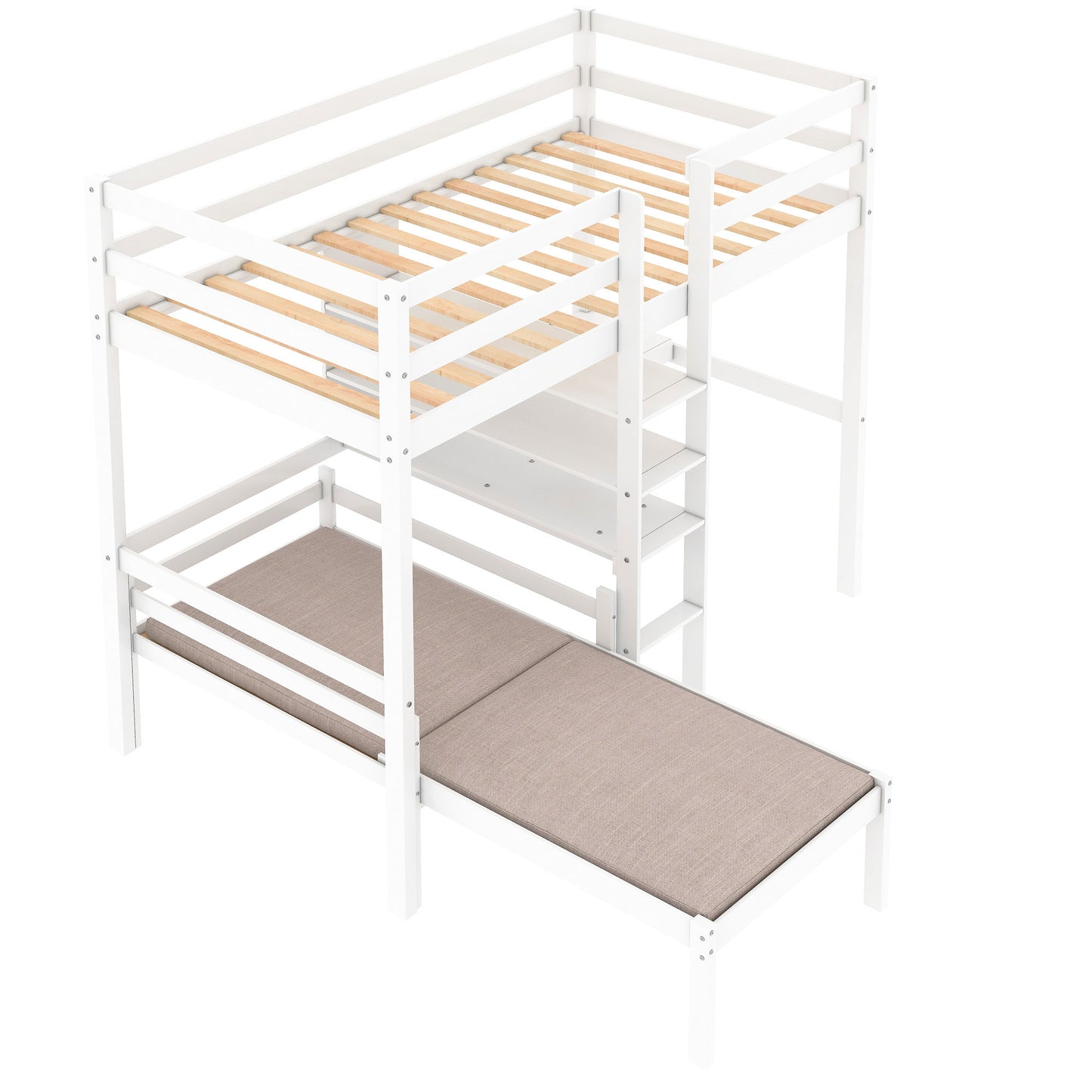 Convertible Loft Bed with L-Shape Desk, Twin Bunk Bed with Shelves and Ladder, White(OLD SKU:SM000209AAK-1)